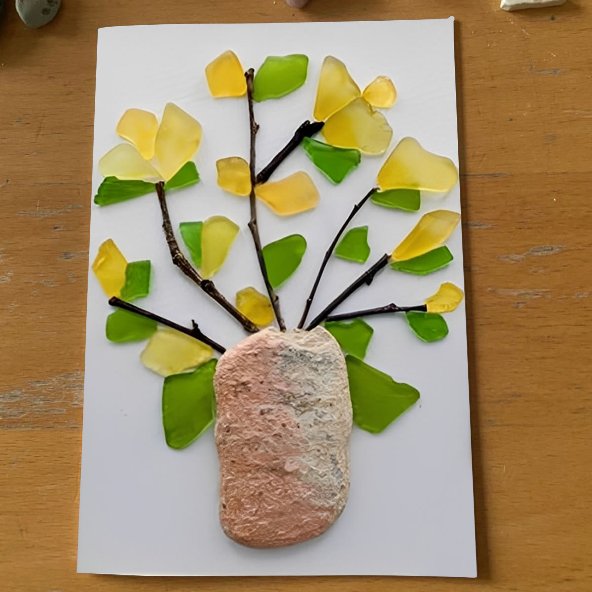 Yellow Flowers Blooms Sea Glass Framed Art - Seaglass Card - 6" X 8" - image 1