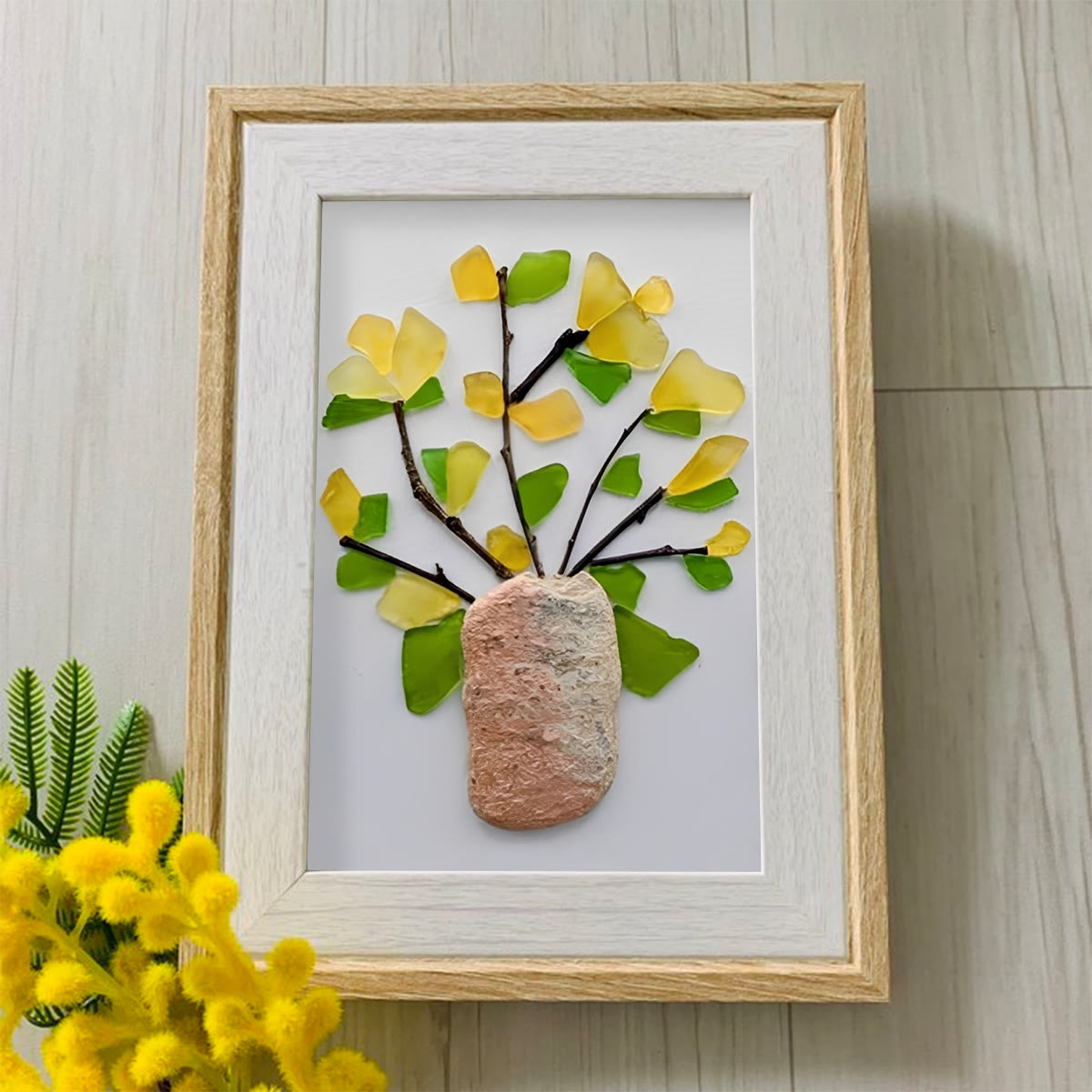 Yellow Flowers Blooms Sea Glass Framed Art - image 2