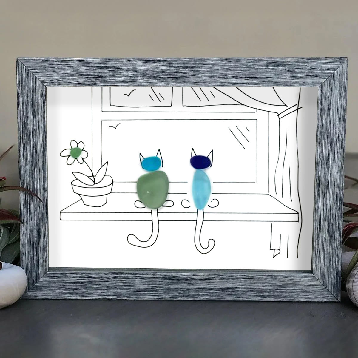 Two Cats Window Watchers Sea Glass Framed Art - image 5