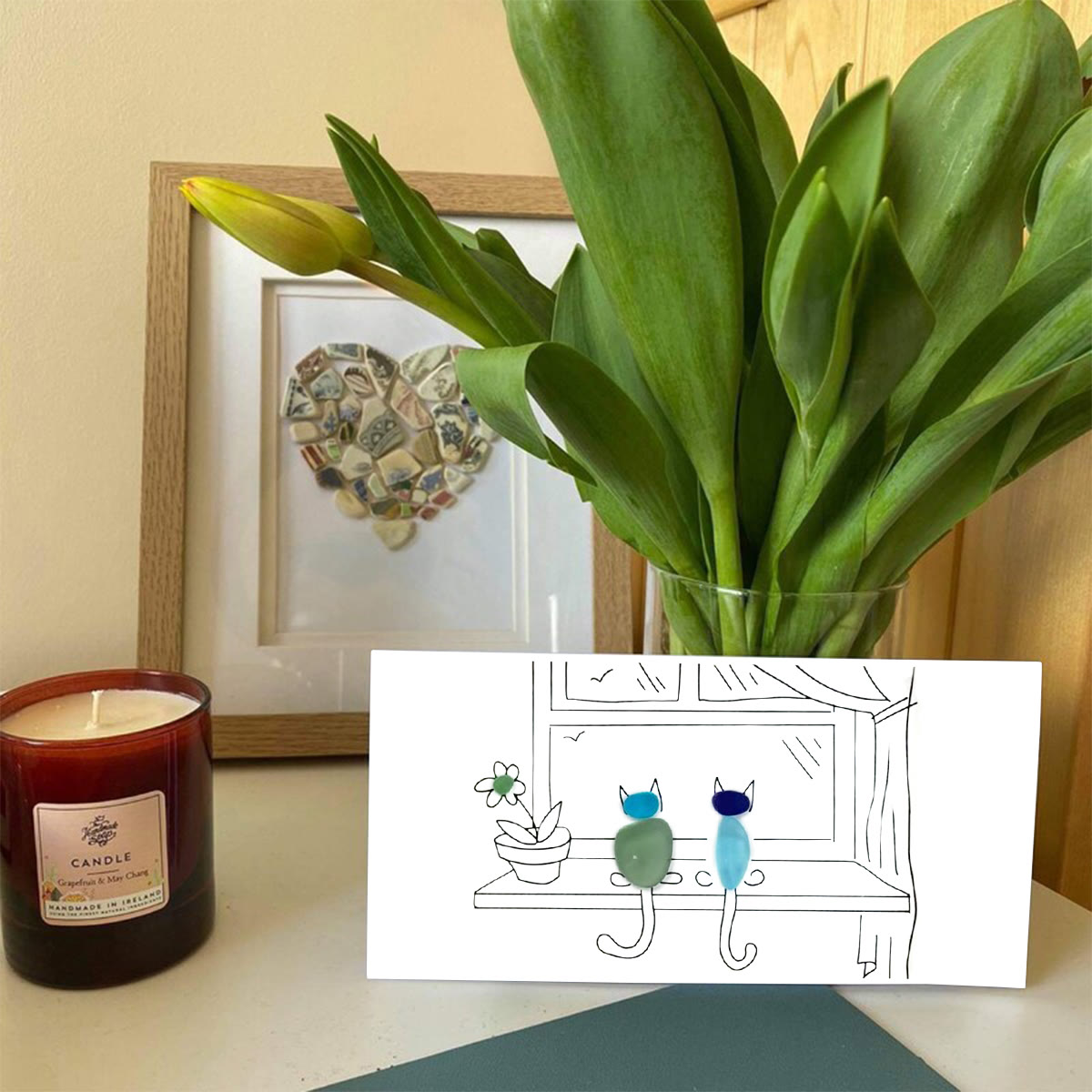 Two Cats Window Watchers Sea Glass Framed Art - Seaglass Card - 6" X 8" - image 1