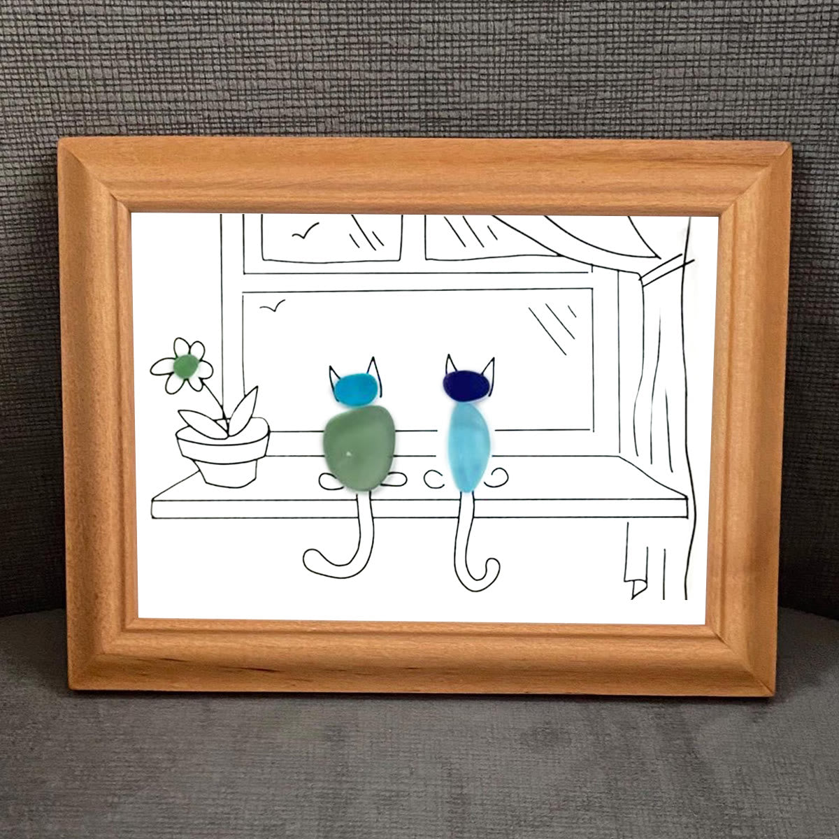 Two Cats Window Watchers Sea Glass Framed Art - image 0
