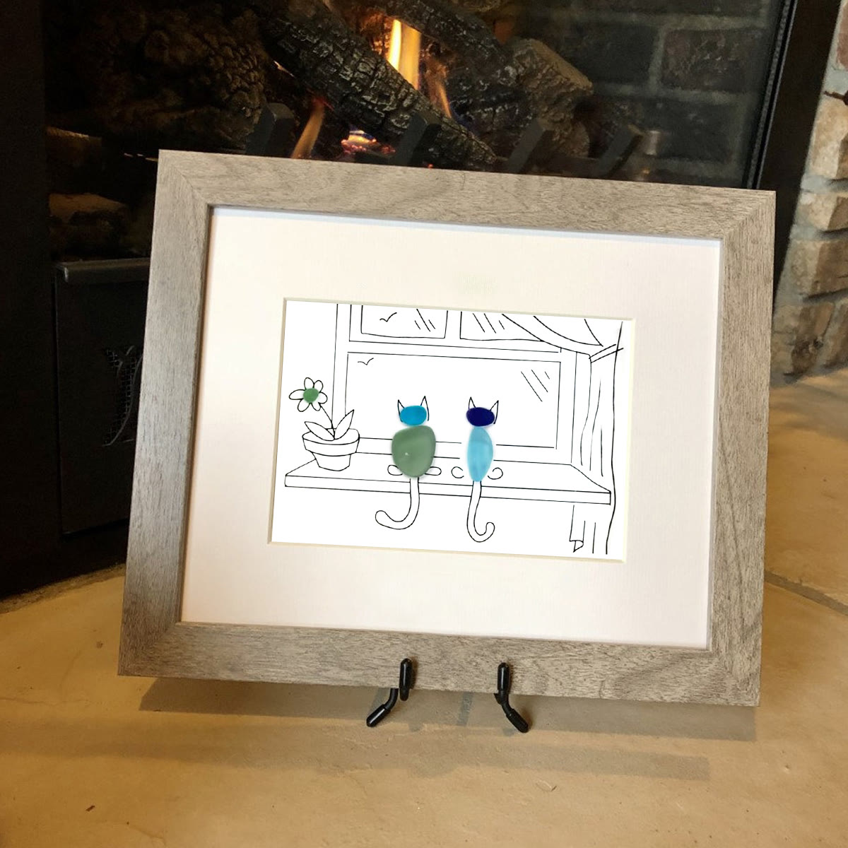 Two Cats Window Watchers Sea Glass Framed Art - image 6