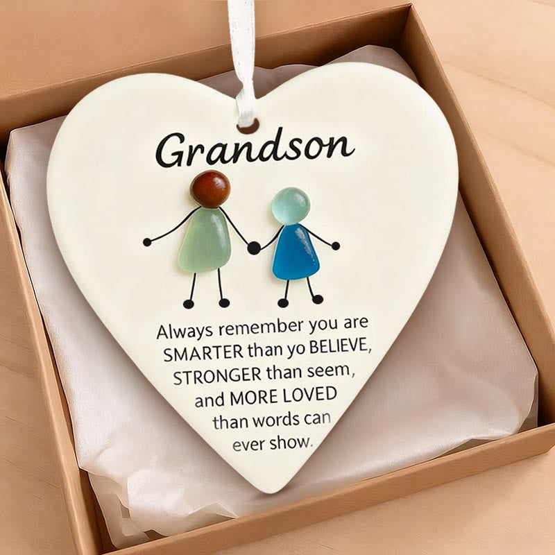 Family Heart-Shaped Sea Glass Hanging Ornament For Grandson - image 1