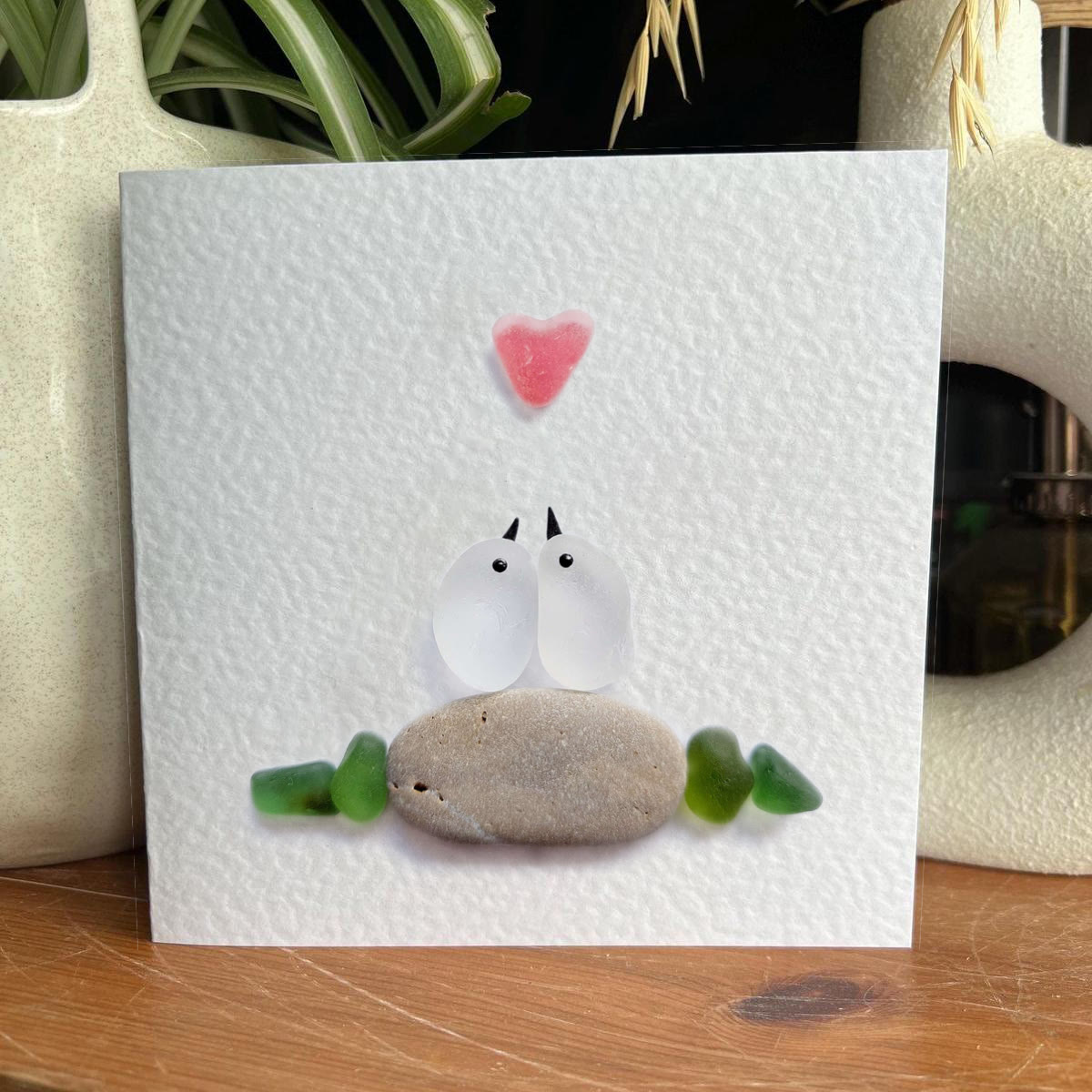 Sweetheart Birds Romantic Couple Sea Glass Framed Art - Seaglass Card - 8" X 8" - image 1