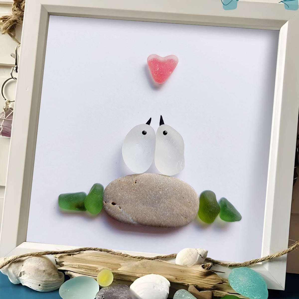 Sweetheart Birds Romantic Couple Sea Glass Framed Art - image 3
