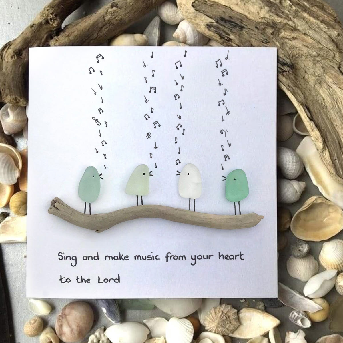 Heartful Melody Music Faith Bird Sea Glass Framed Art - Seaglass Card - 8" X 8" - image 1