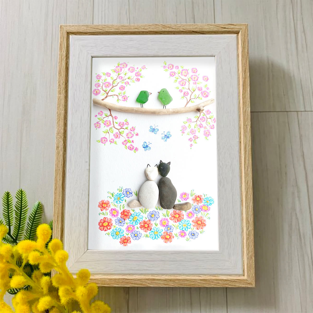Romantic Blossom & Cats Couple Sea Glass Framed Art - image 3