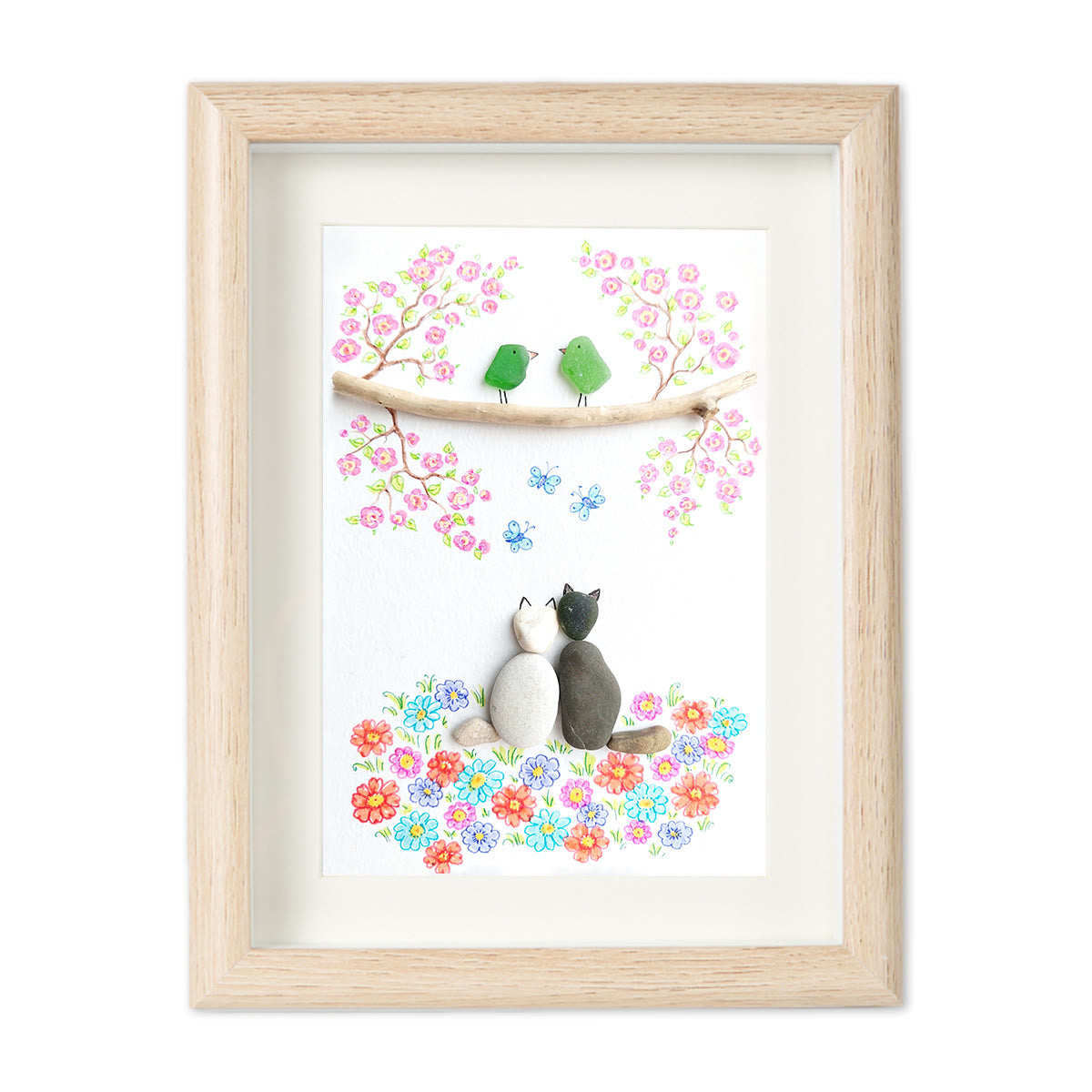 Romantic Blossom & Cats Couple Sea Glass Framed Art - Oak - 8" X 6" - image 9
