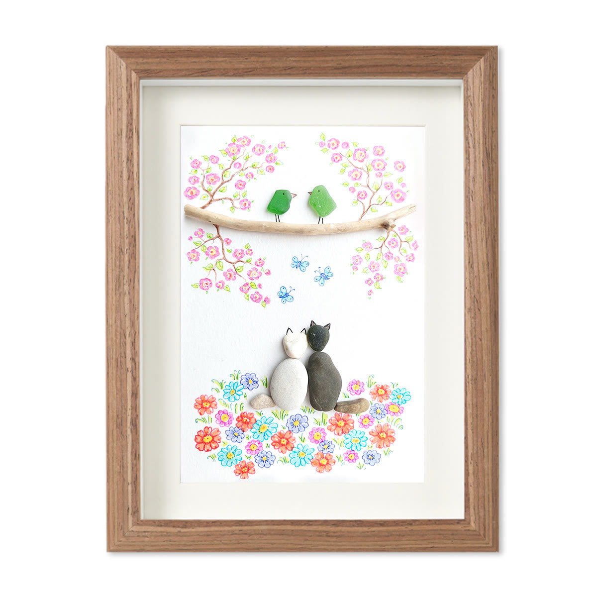Romantic Blossom & Cats Couple Sea Glass Framed Art - Walnut Brown - 8" X 6" - image 10
