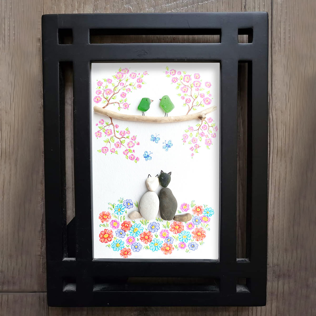 Romantic Blossom & Cats Couple Sea Glass Framed Art - image 8