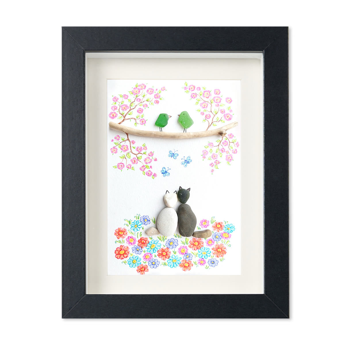 Romantic Blossom & Cats Couple Sea Glass Framed Art - Black - 8" X 6" - image 11
