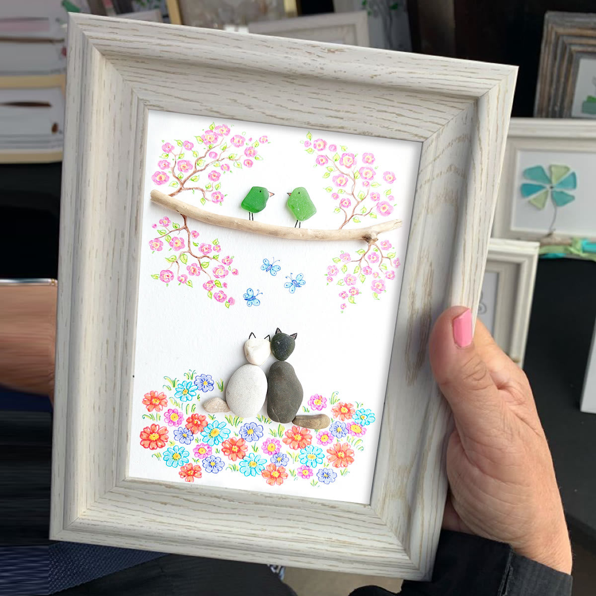 Romantic Blossom & Cats Couple Sea Glass Framed Art - image 4