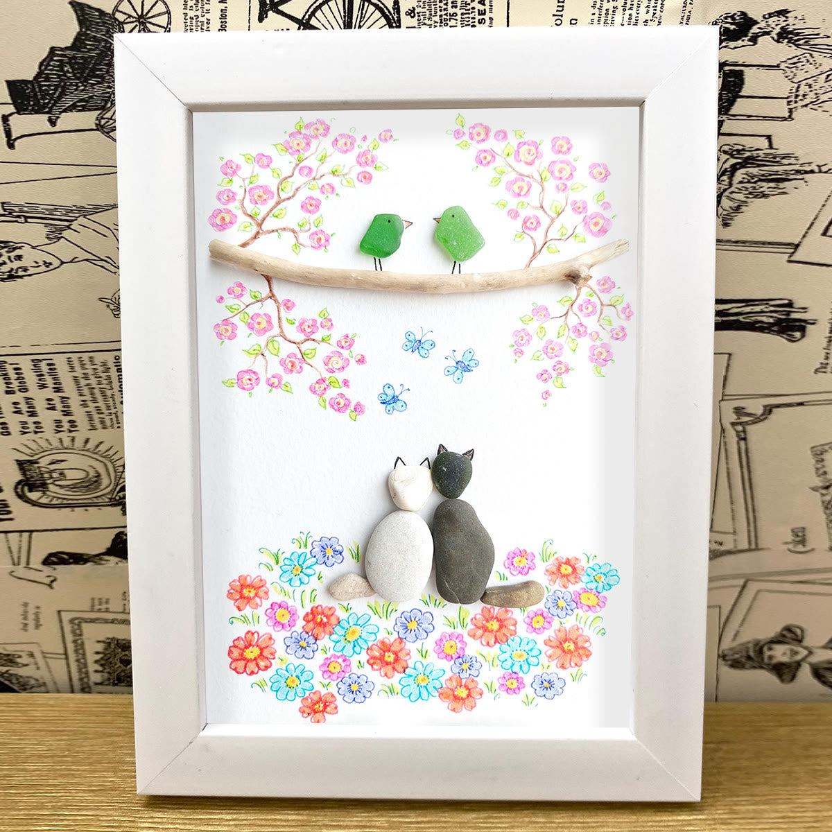 Romantic Blossom & Cats Couple Sea Glass Framed Art - image 0