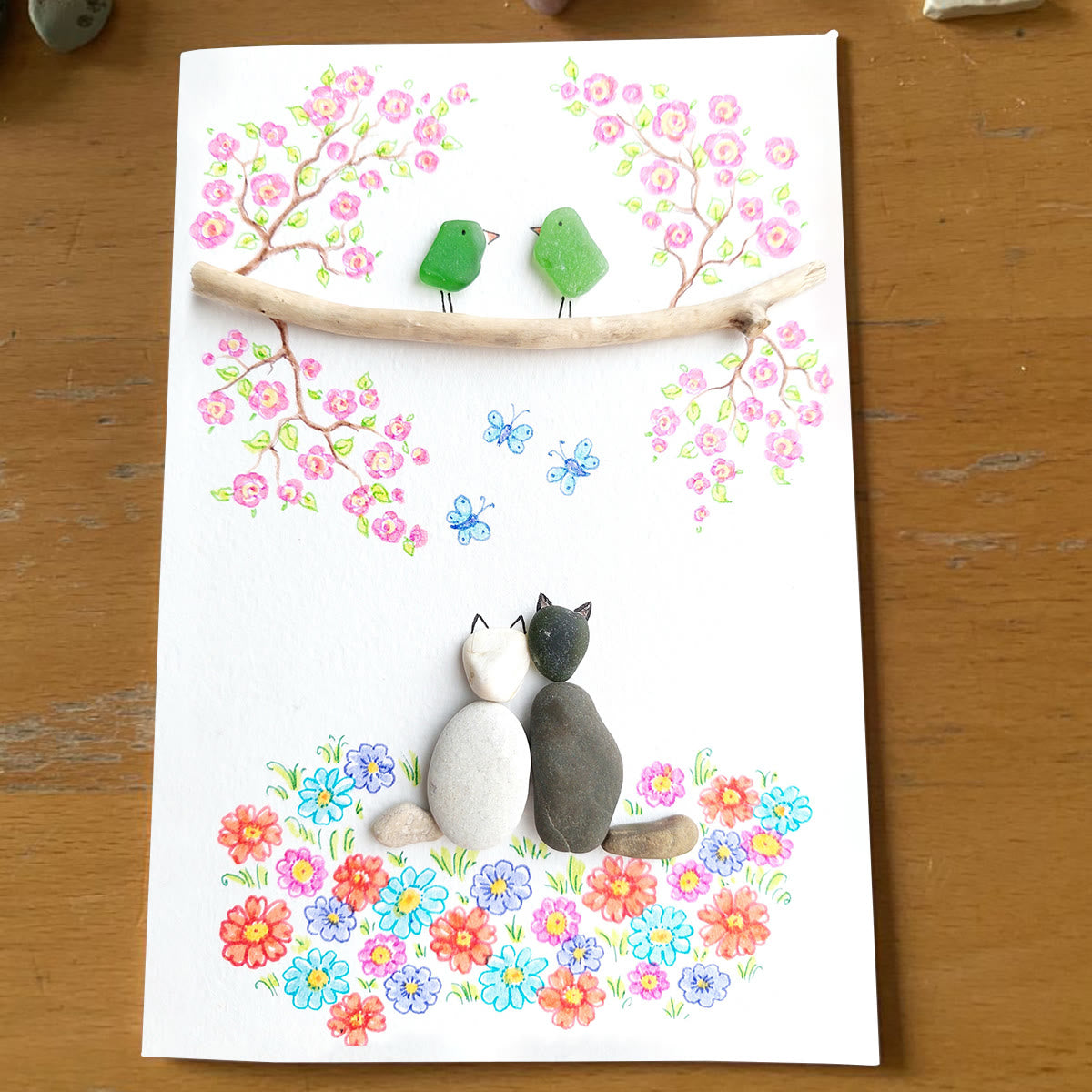 Romantic Blossom & Cats Couple Sea Glass Framed Art - Seaglass Card - 8" X 6" - image 1