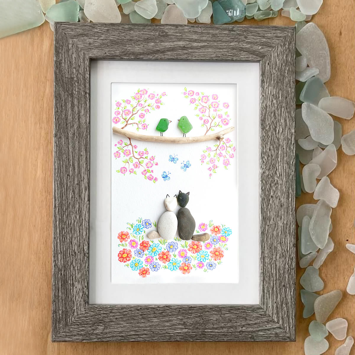 Romantic Blossom & Cats Couple Sea Glass Framed Art - image 6