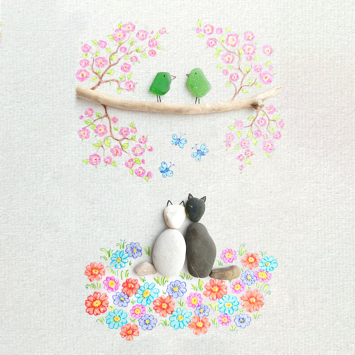 Romantic Blossom & Cats Couple Sea Glass Framed Art - image 2