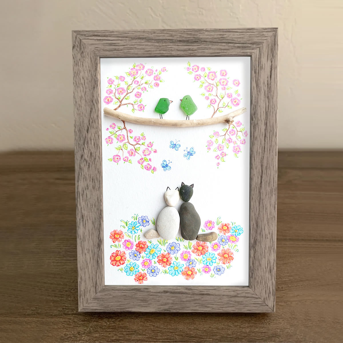 Romantic Blossom & Cats Couple Sea Glass Framed Art - image 7