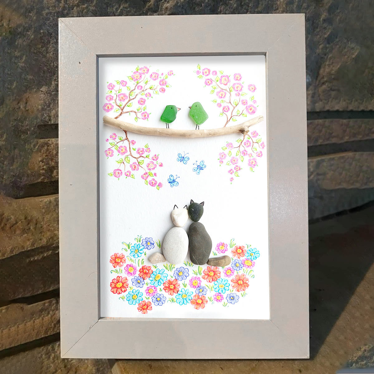 Romantic Blossom & Cats Couple Sea Glass Framed Art - image 5