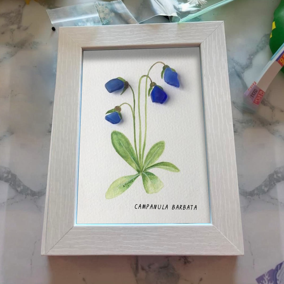 Elegant Blue Campanula Barbata Sea Glass Framed Art - image 6