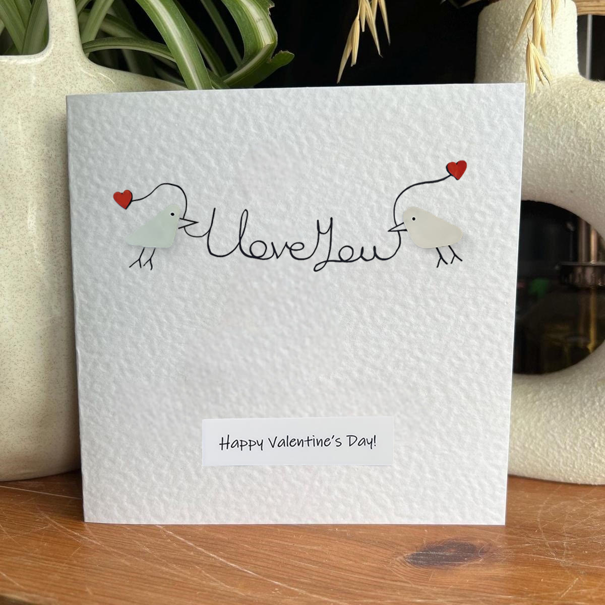Happy Valentine’s Day I Love You Lovebirds Sea Glass Framed Art - Seaglass Card - 8" X 8" - image 1