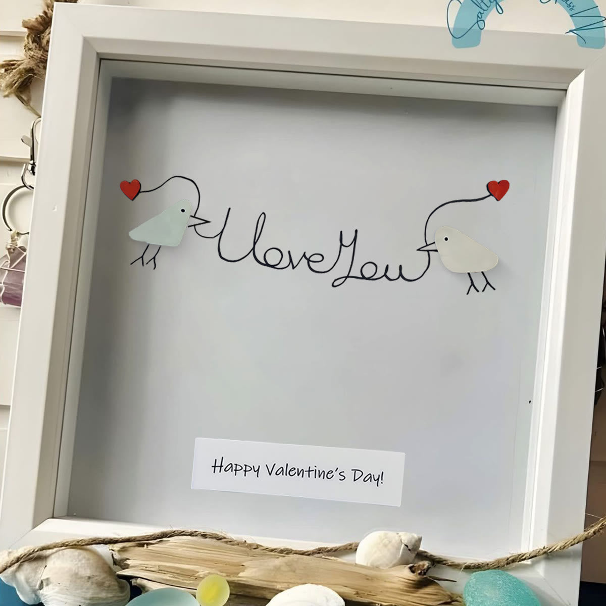 Happy Valentine’s Day I Love You Lovebirds Sea Glass Framed Art - image 4