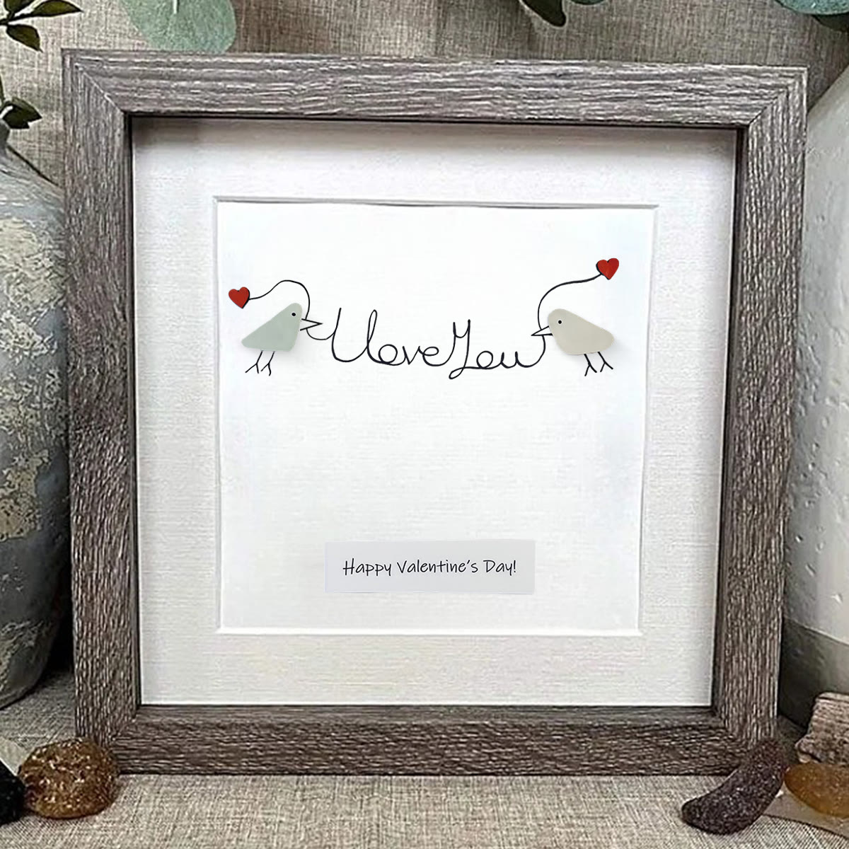 Happy Valentine’s Day I Love You Lovebirds Sea Glass Framed Art - image 2