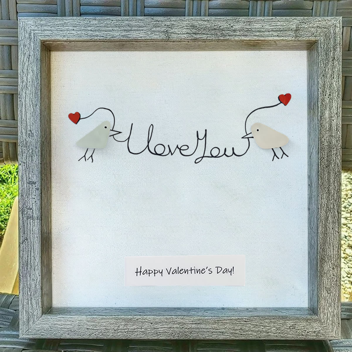 Happy Valentine’s Day I Love You Lovebirds Sea Glass Framed Art - image 0