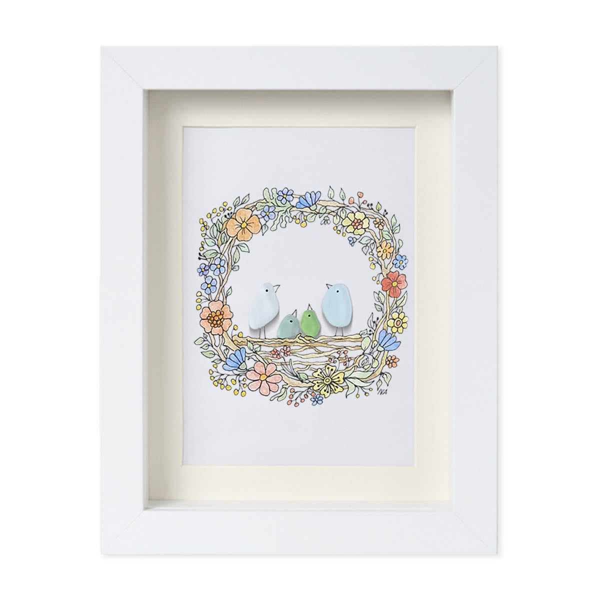 Family Birds In The Nest Sea Glass Framed Art - White - 8" X 6" - image 13