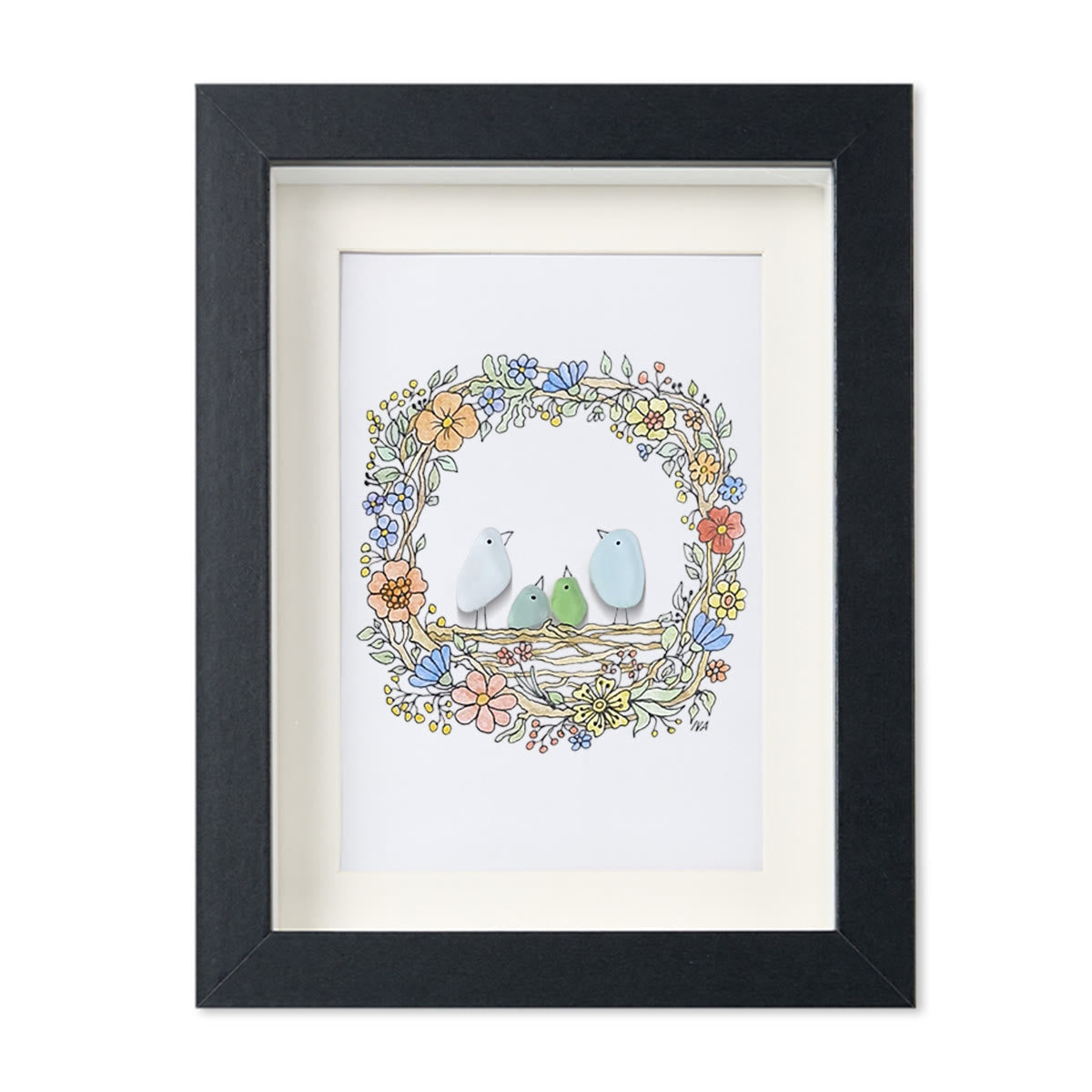 Family Birds In The Nest Sea Glass Framed Art - Black - 8" X 6" - image 12