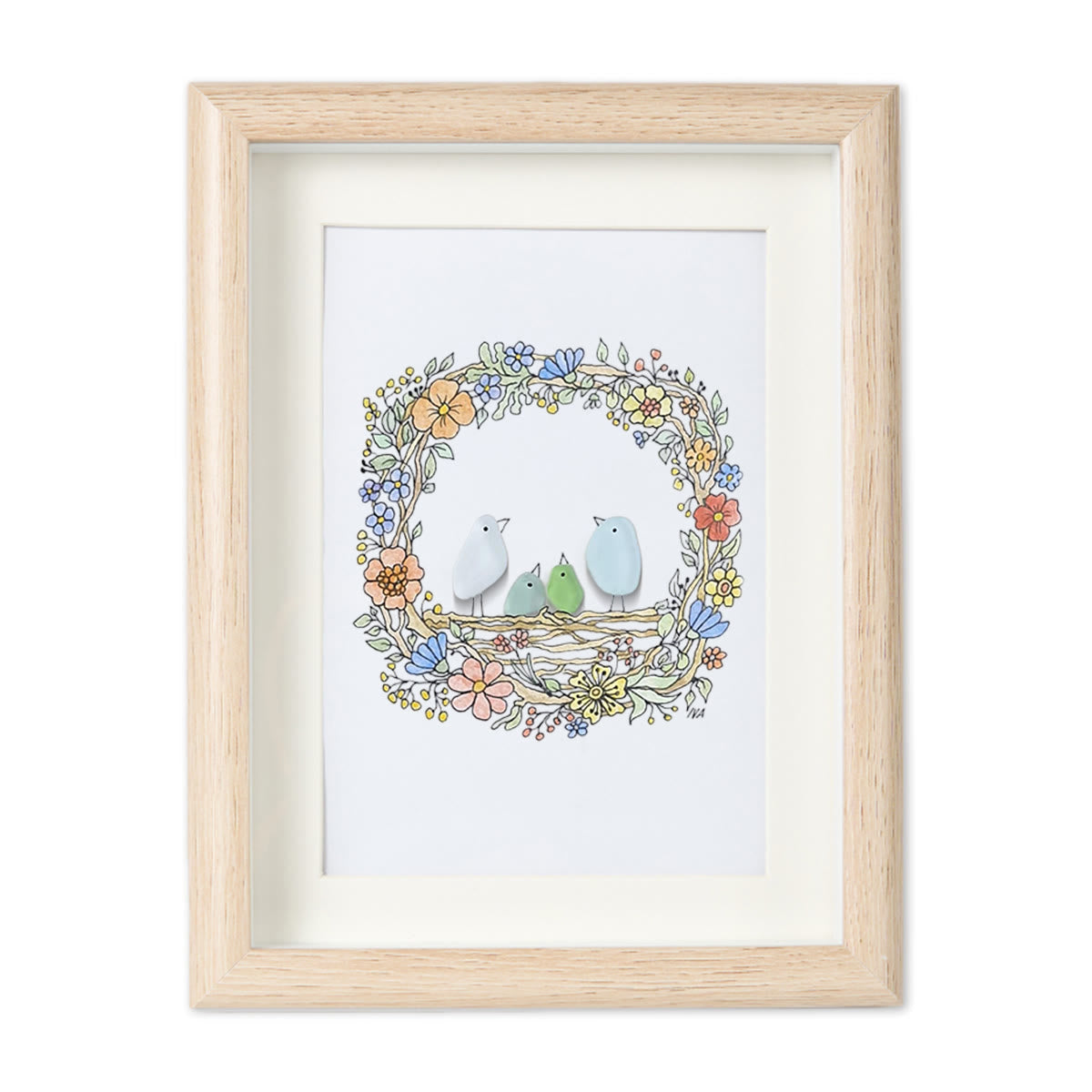 Family Birds In The Nest Sea Glass Framed Art - Oak - 8" X 6" - image 10