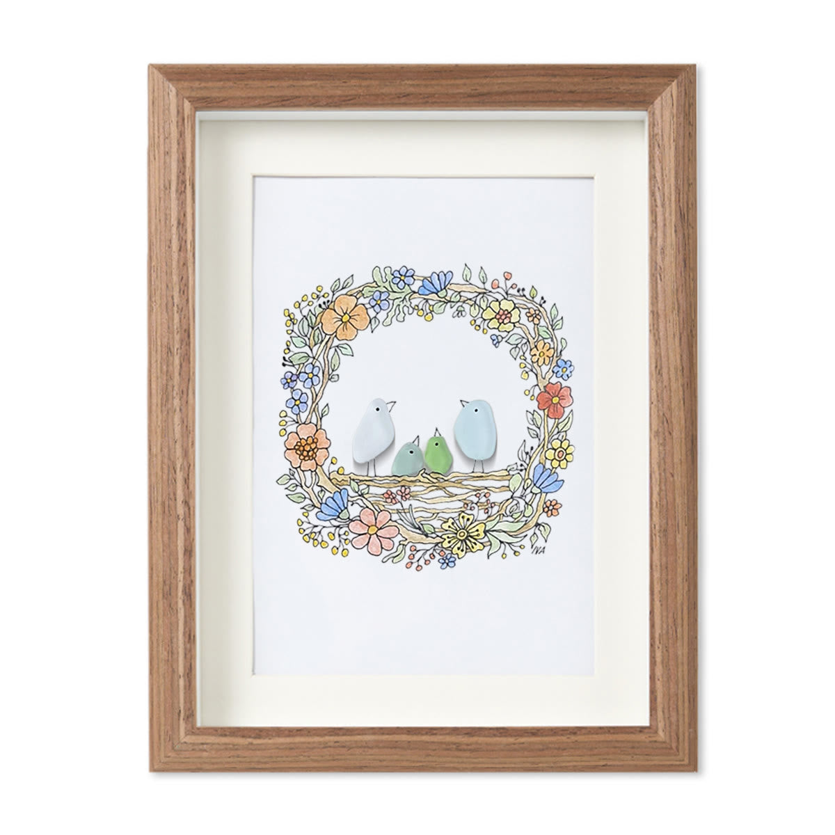 Family Birds In The Nest Sea Glass Framed Art - Walnut Brown - 8" X 6" - image 11