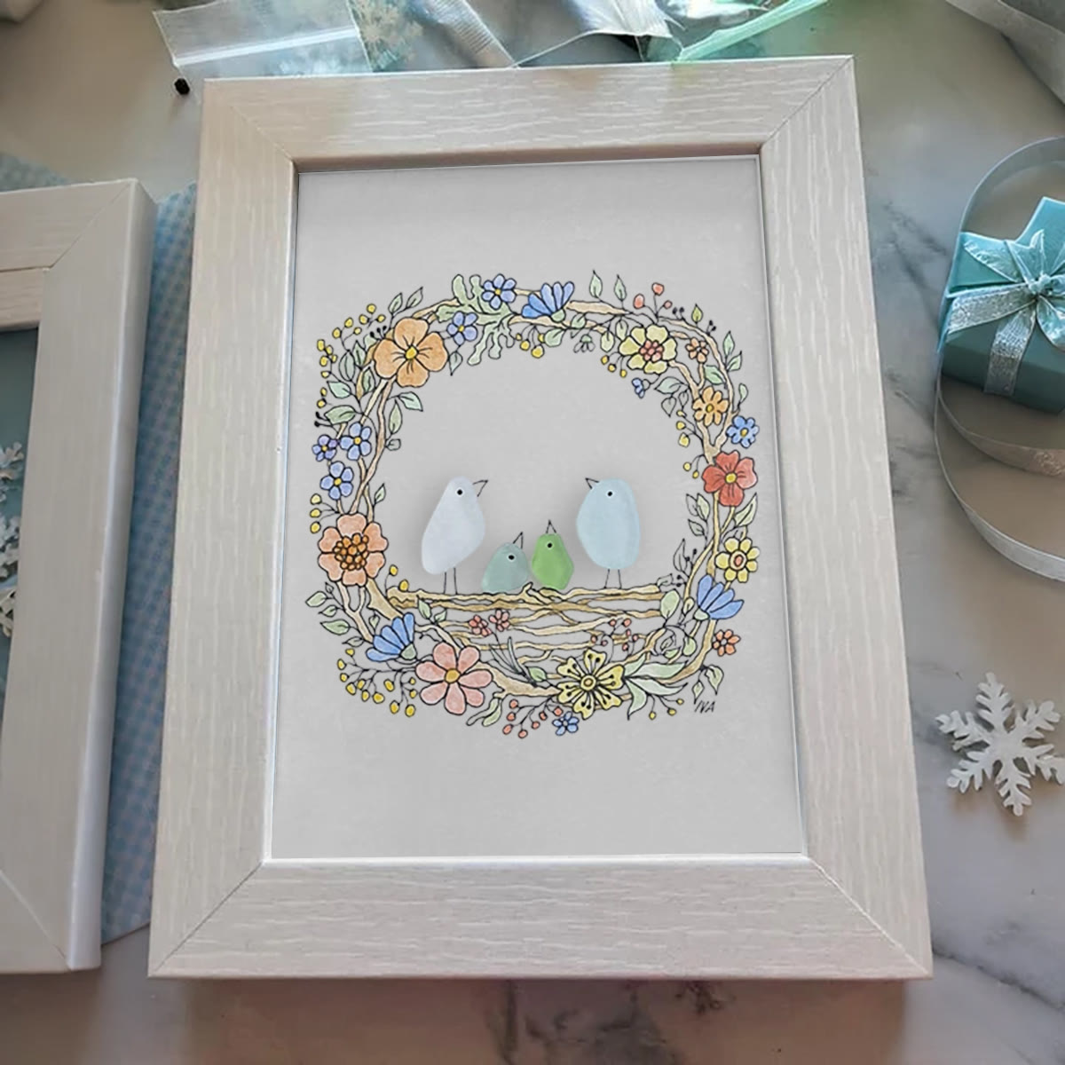 Family Birds In The Nest Sea Glass Framed Art - image 4