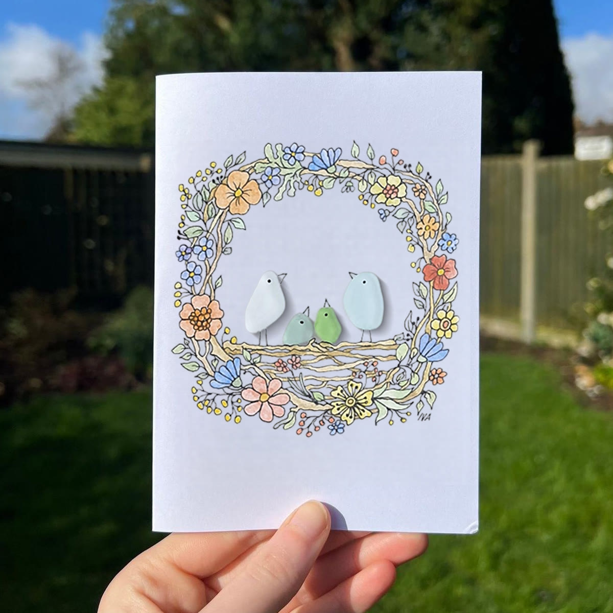 Family Birds In The Nest Sea Glass Framed Art - Seaglass Card - 8" X 6" - image 1