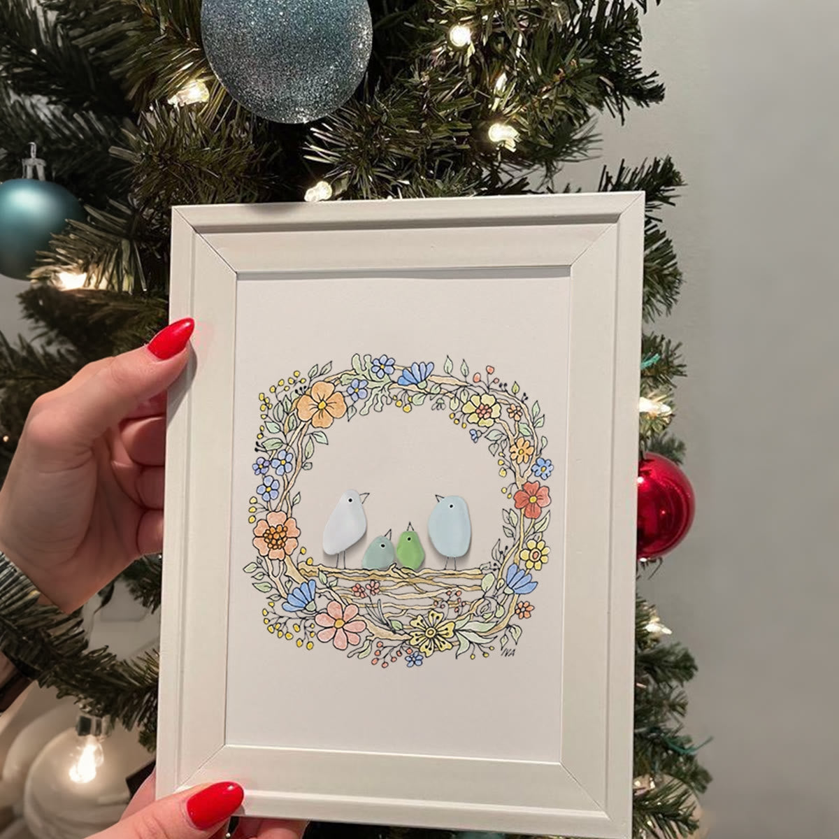 Family Birds In The Nest Sea Glass Framed Art - image 0