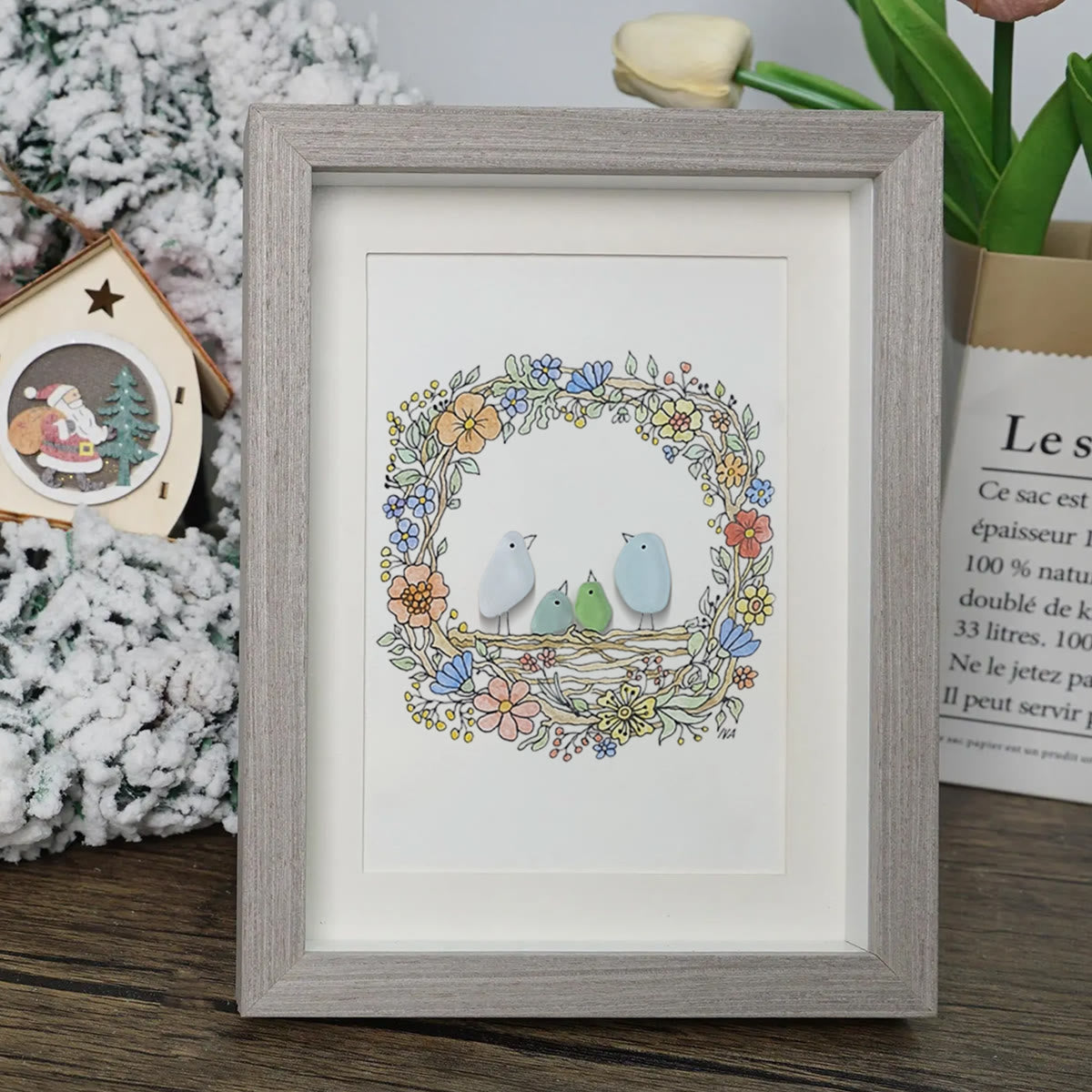 Family Birds In The Nest Sea Glass Framed Art - image 3