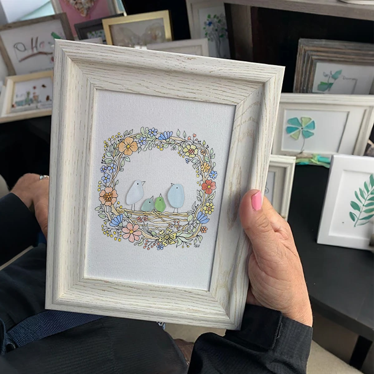 Family Birds In The Nest Sea Glass Framed Art - image 2