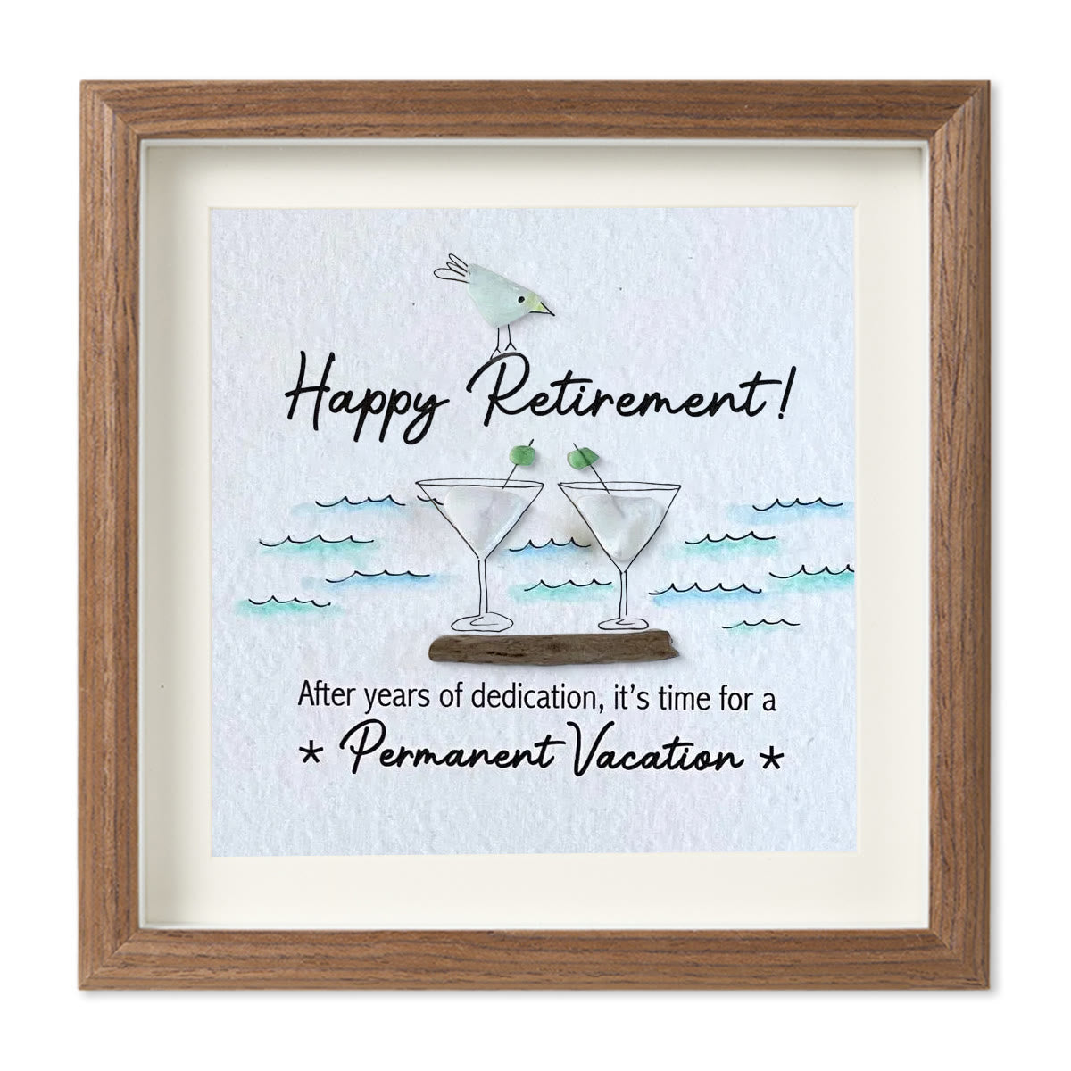 Cheers And Happy Retirement Sea Glass Framed Art - Walnut Brown - 8" X 8" - image 9