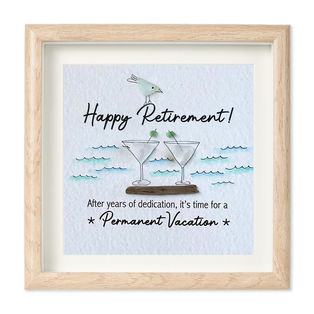 Cheers And Happy Retirement Sea Glass Framed Art - Oak - 8" X 8" - image 8