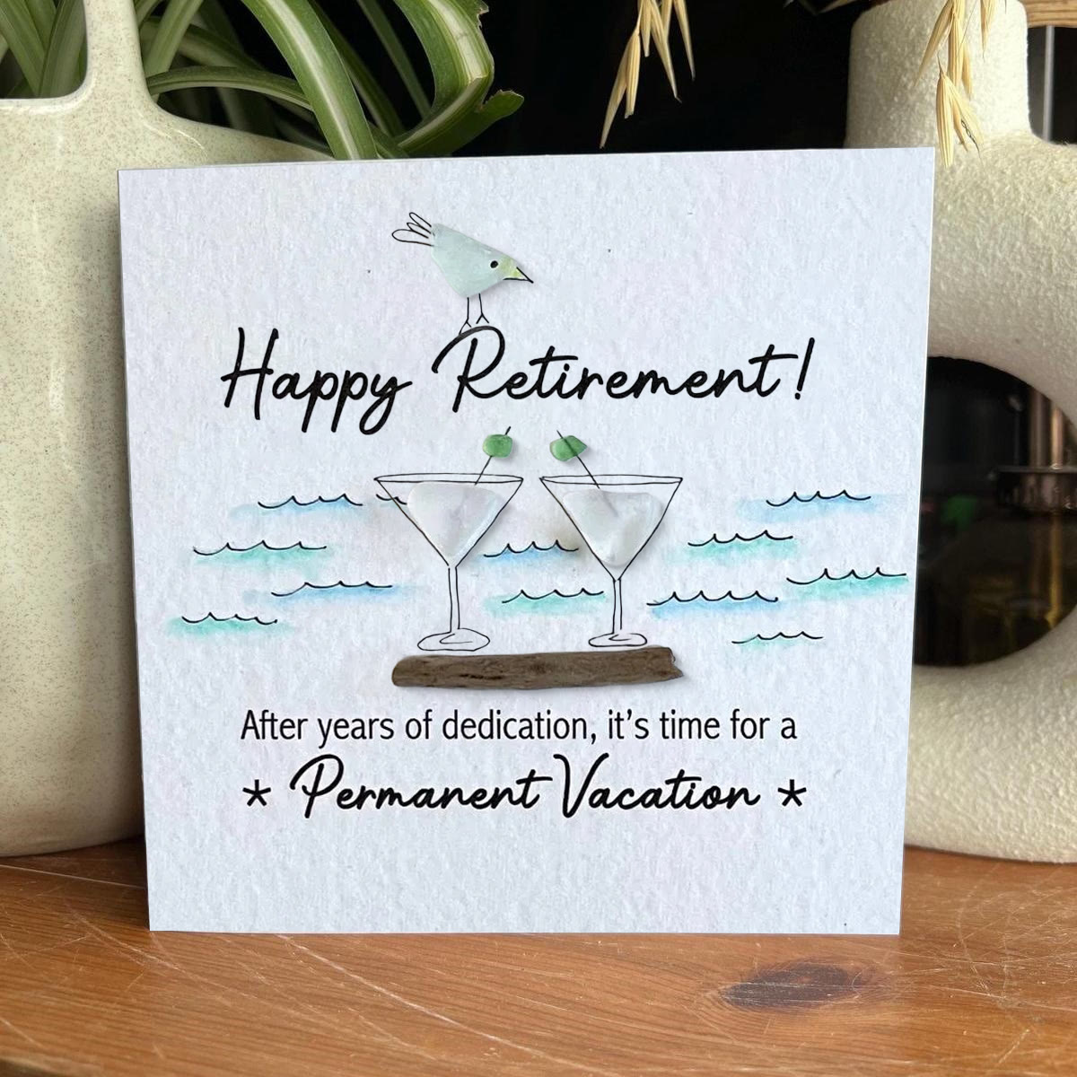 Cheers And Happy Retirement Sea Glass Framed Art - Seaglass Card - 8" X 8" - image 1