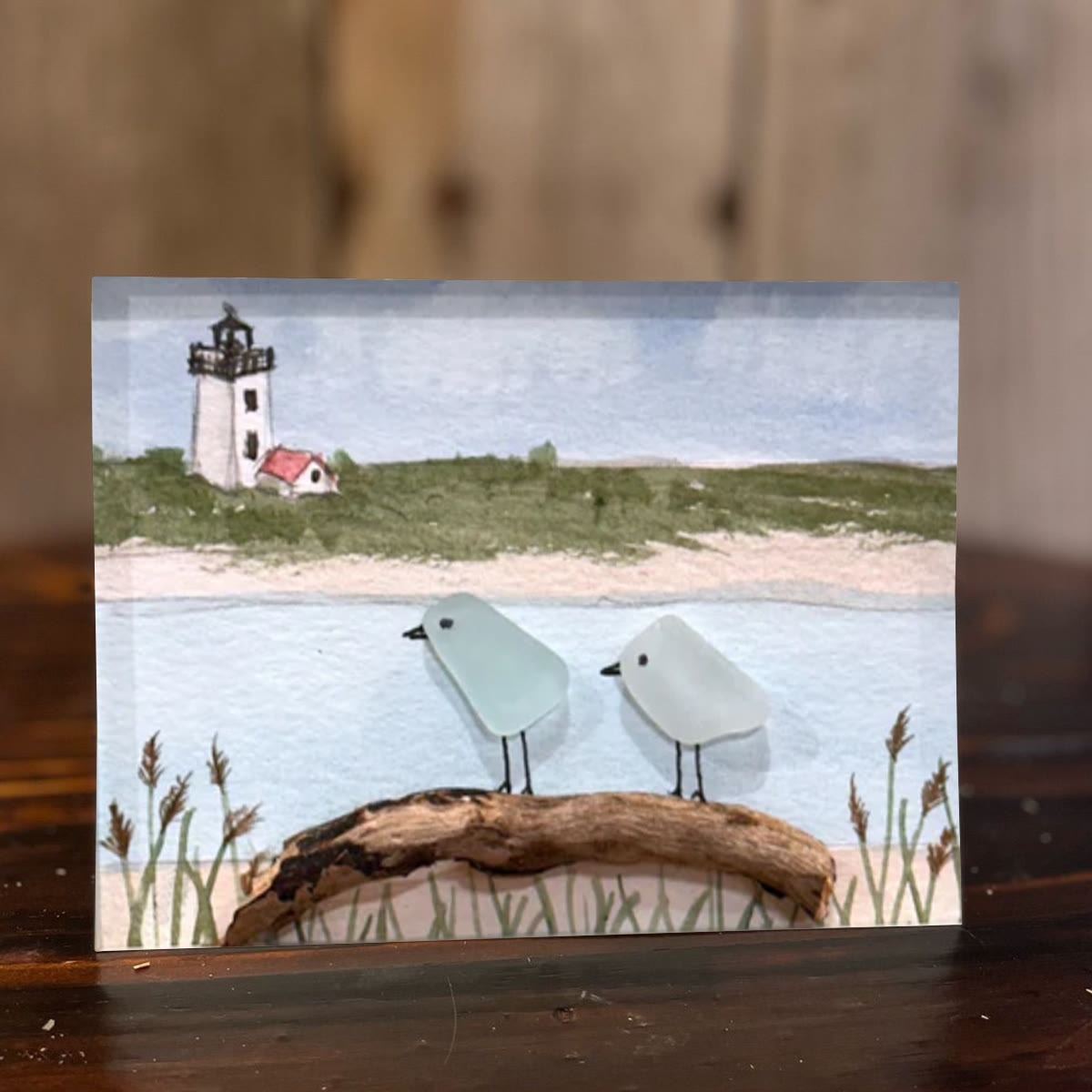 Peaceful Shores Birds In Pairs Sea Glass Framed Art - Seaglass Card - 6" X 8" - image 1