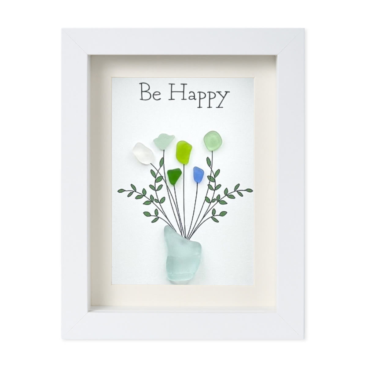 Be Happy Flower Bouquet Sea Glass Framed Art - White - 6" X 8" - image 11