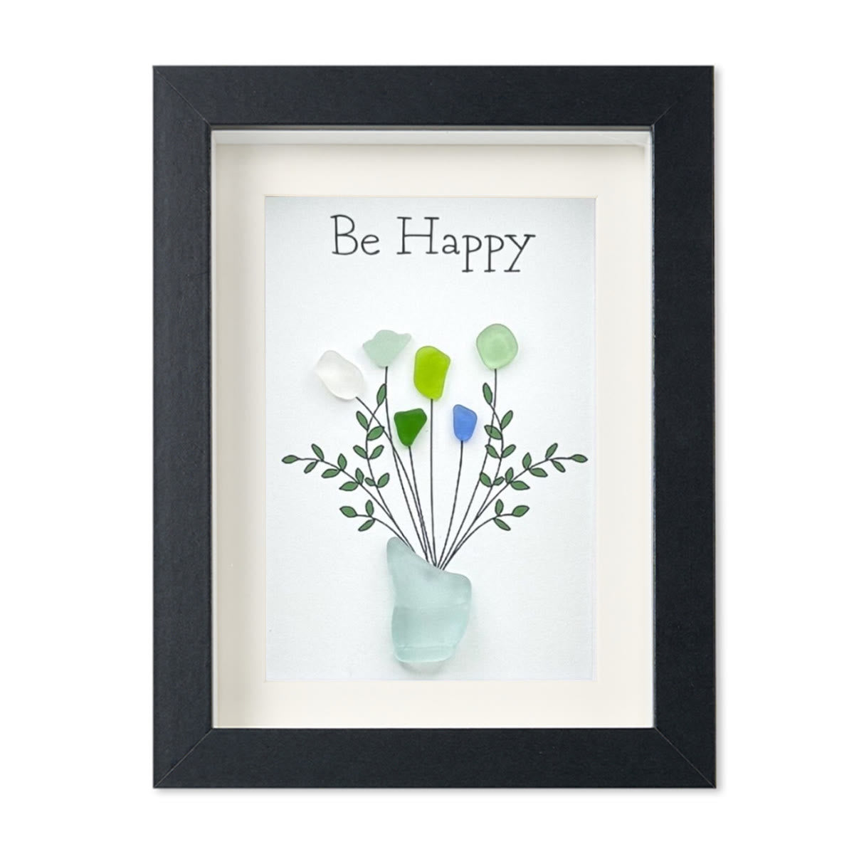 Be Happy Flower Bouquet Sea Glass Framed Art - Black - 6" X 8" - image 10