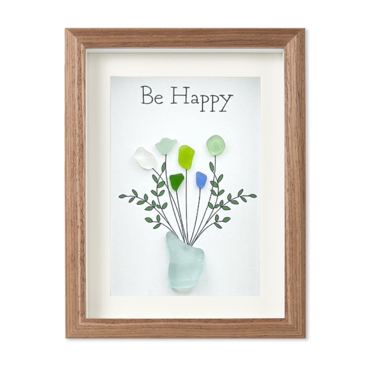 Be Happy Flower Bouquet Sea Glass Framed Art - Walnut Brown - 6" X 8" - image 9