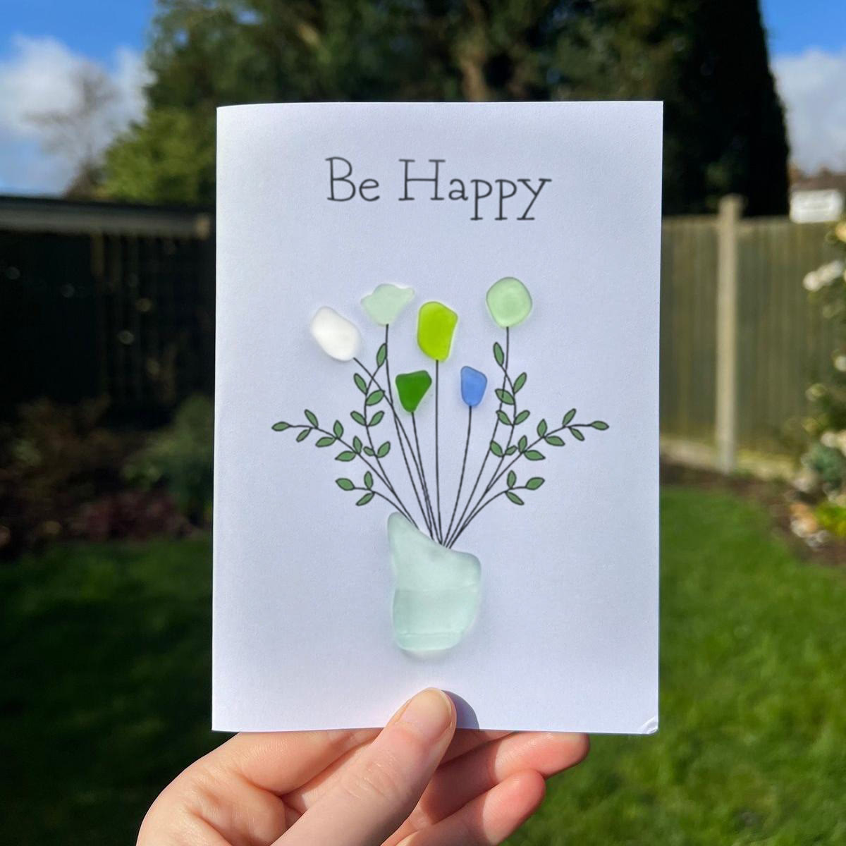 Be Happy Flower Bouquet Sea Glass Framed Art - Seaglass Card - 6" X 8" - image 1