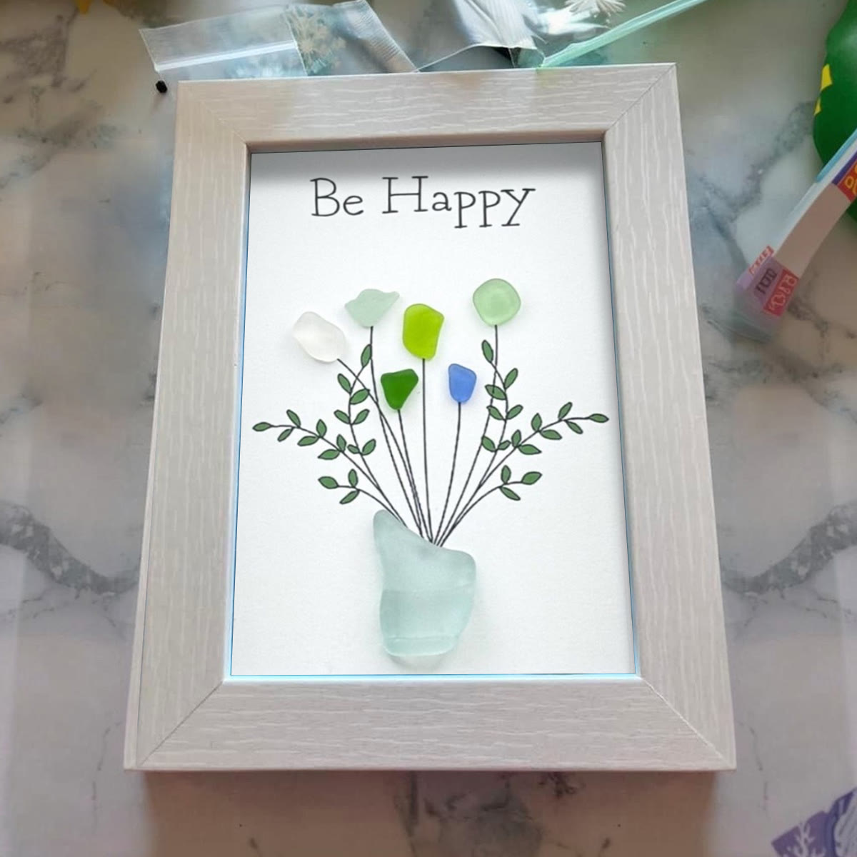 Be Happy Flower Bouquet Sea Glass Framed Art - image 5