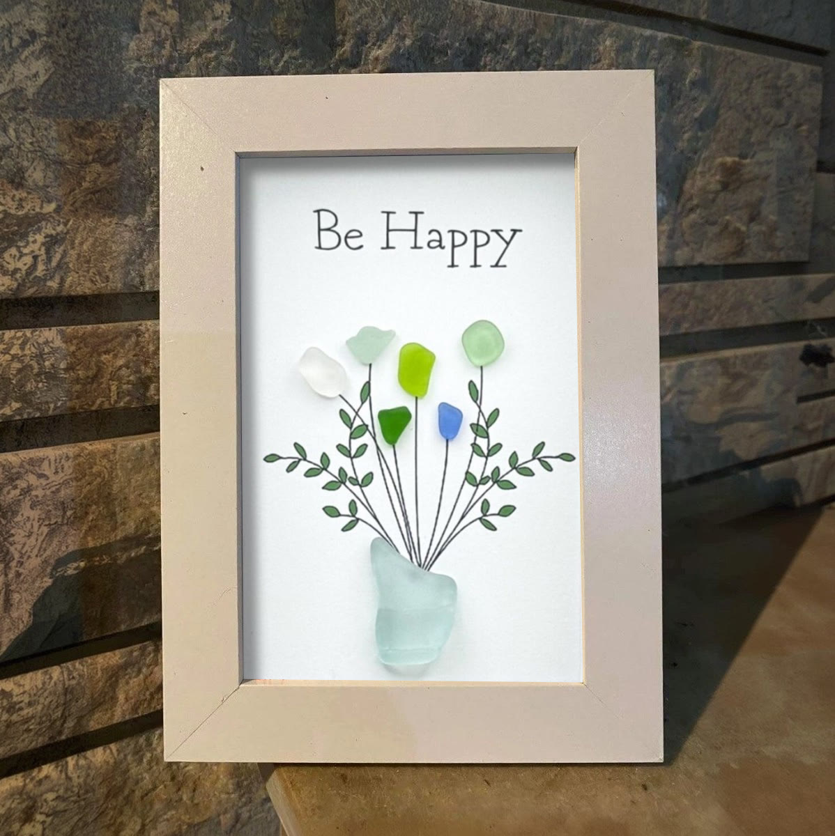 Be Happy Flower Bouquet Sea Glass Framed Art - image 0