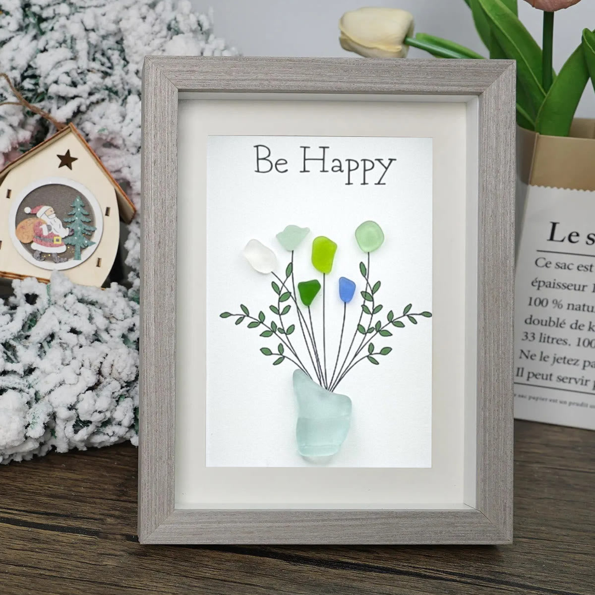 Be Happy Flower Bouquet Sea Glass Framed Art - image 4