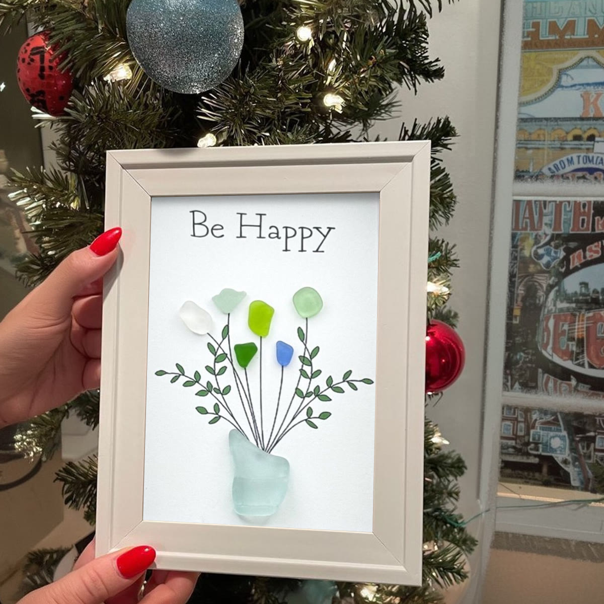 Be Happy Flower Bouquet Sea Glass Framed Art - image 2