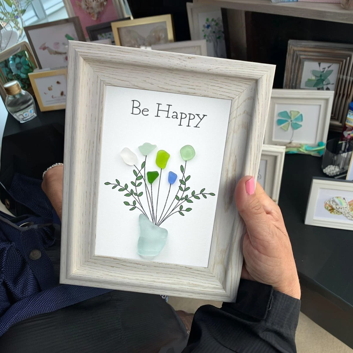 Be Happy Flower Bouquet Sea Glass Framed Art - image 3