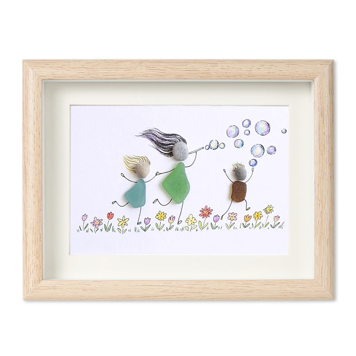 Chasing Bubbles Family Sea Glass Framed Art - Oak - 6" X 8" - image 10